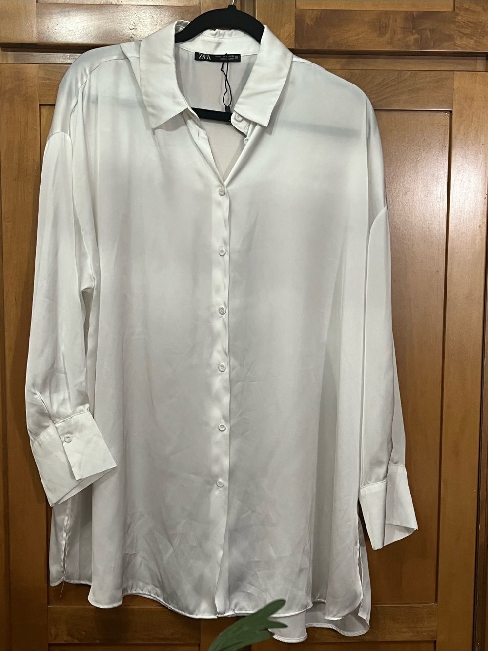 ZARA White Silky Satin Feel Oversized Button Down Shirt Blouse XL